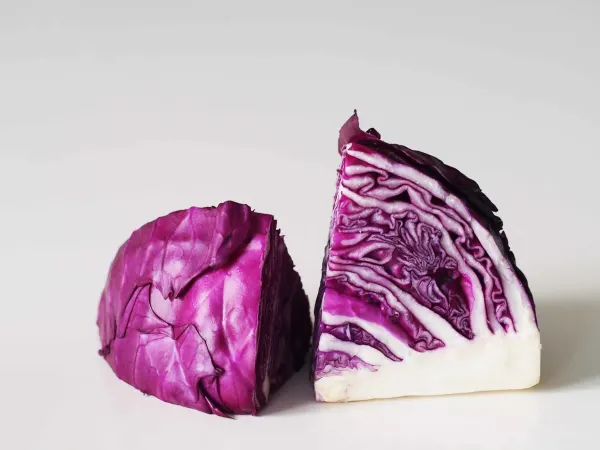 a red cabbage cut in half on a table before being prepared for babies starting solid food