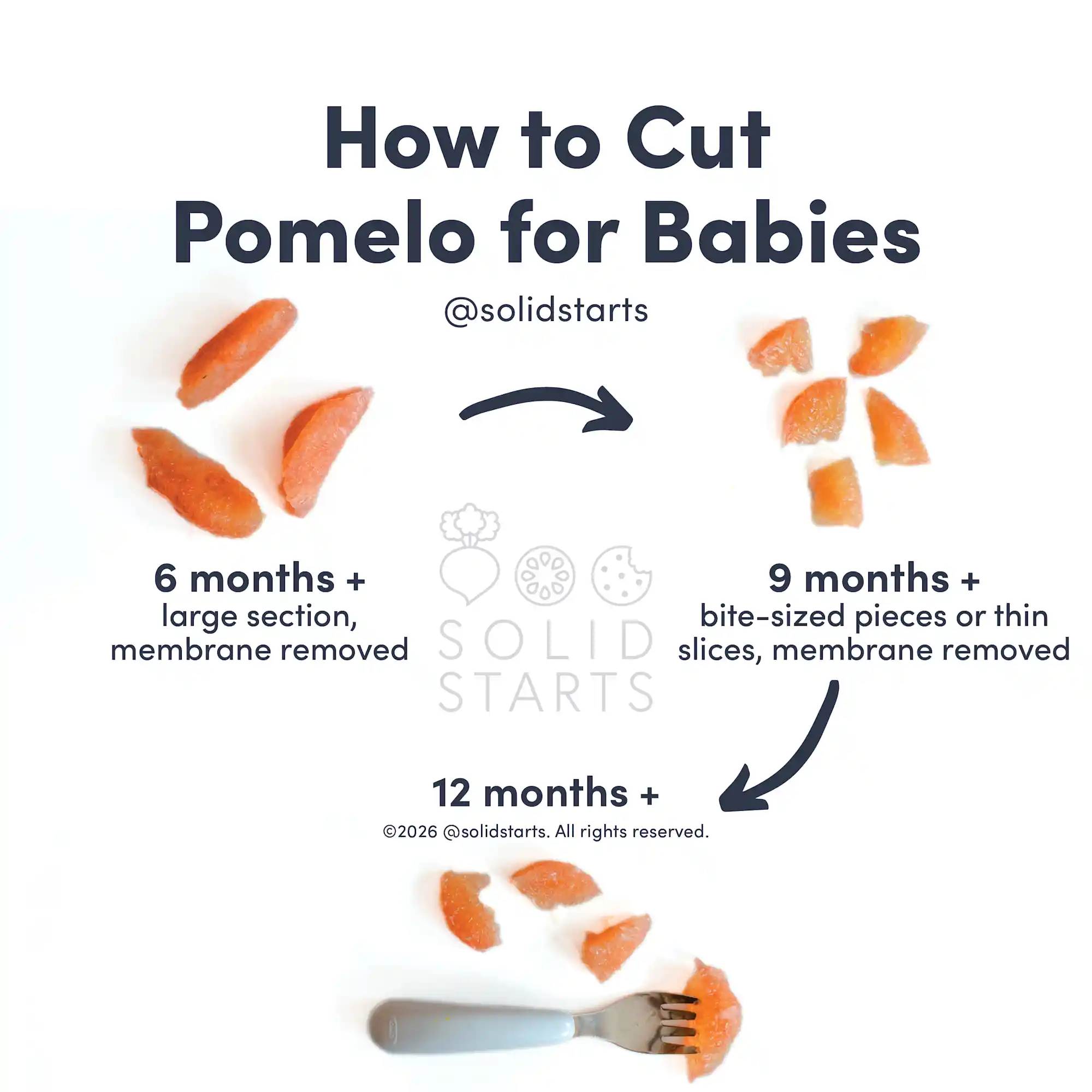 a Solid Starts infographic with the header How to Cut Pomelo for Babies: large section with membrane removed for babies 6 months+, bite-sized pieces or thin slices, membrane removed for 9 months+, bite-sized pieces with a utensil for toddlers 12 mos+
