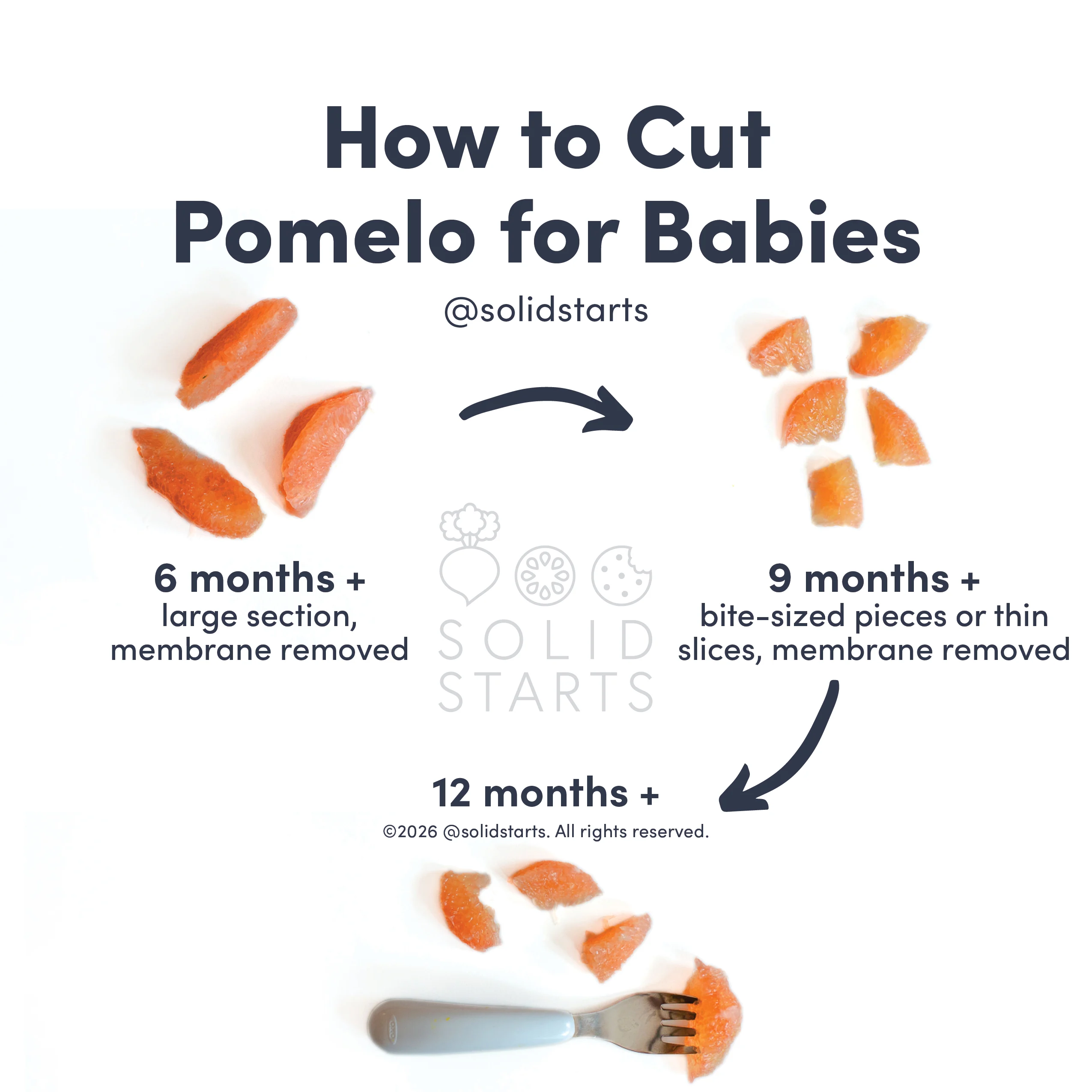 a Solid Starts infographic with the header How to Cut Pomelo for Babies: large section with membrane removed for babies 6 months+, bite-sized pieces or thin slices, membrane removed for 9 months+, bite-sized pieces with a utensil for toddlers 12 mos+