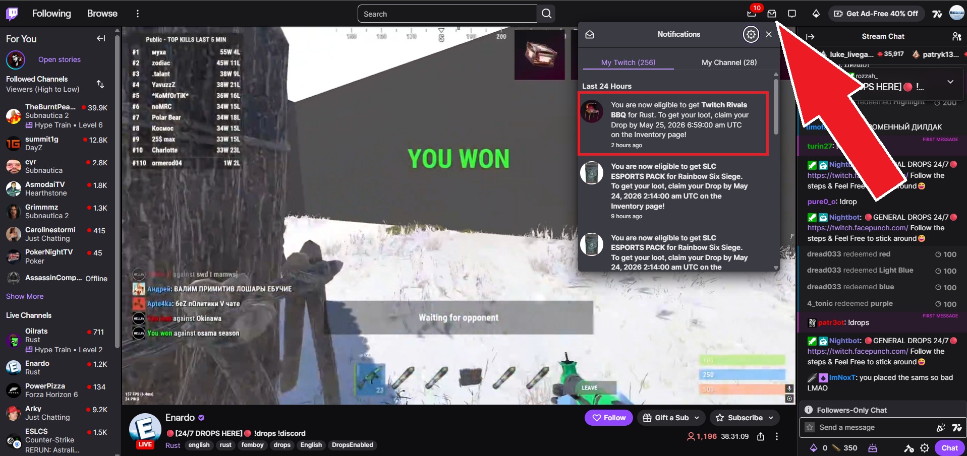 Twitch.tv notification tab with received Rust Twitch drop message