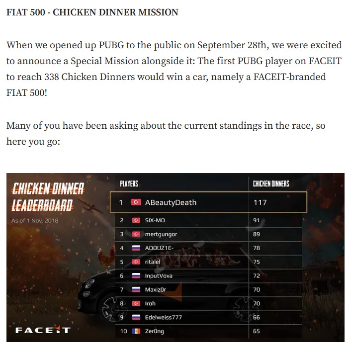 FACEIT Blog mentioning PUBG event including the FIAT 500 prize