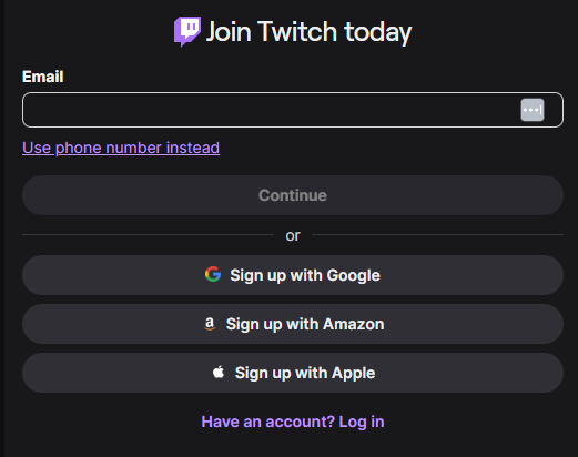 Twitch.tv sign up page
