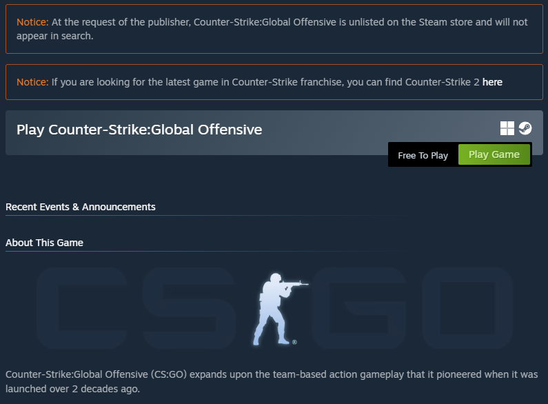 CS:GO Steam Store page