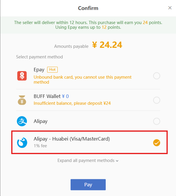 Buff.163 payment methods with Alipay - Huabei