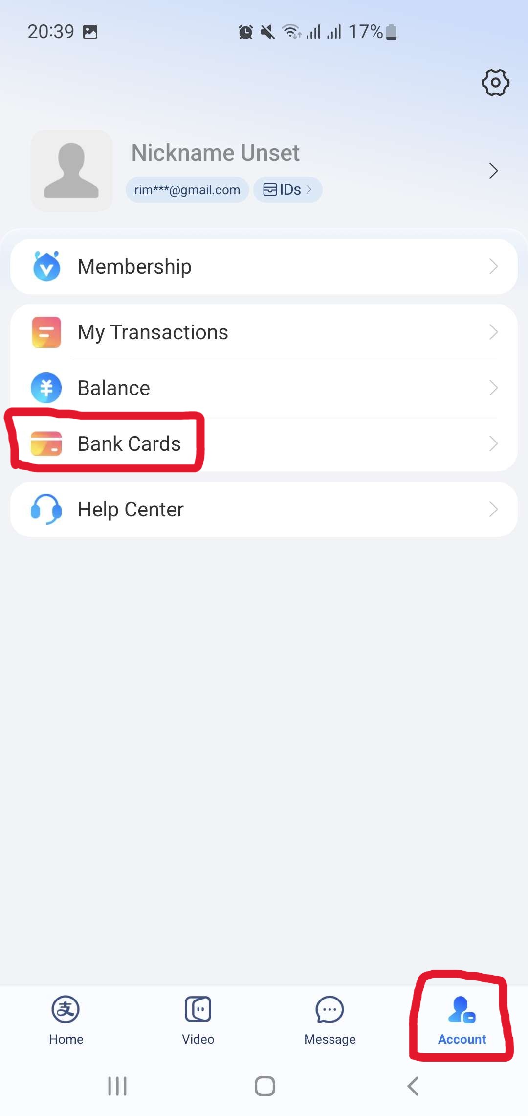 Alipay menu into Bank Cards