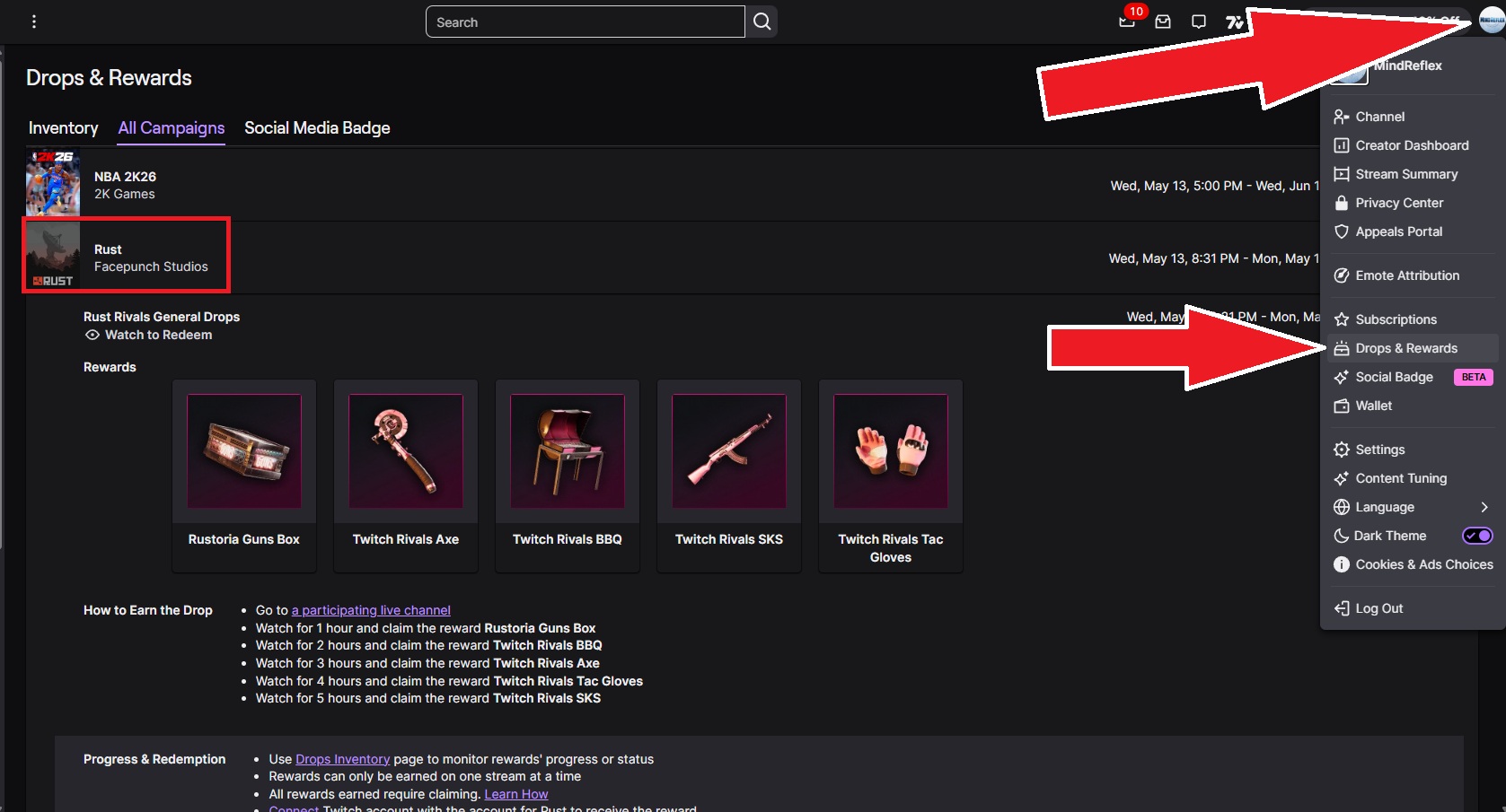 Available Rust campaign for Twitch.tv drops
