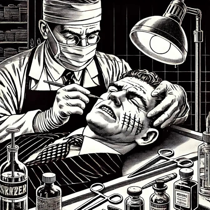 A noir graphic novel style scene in a clandestine backroom surgery