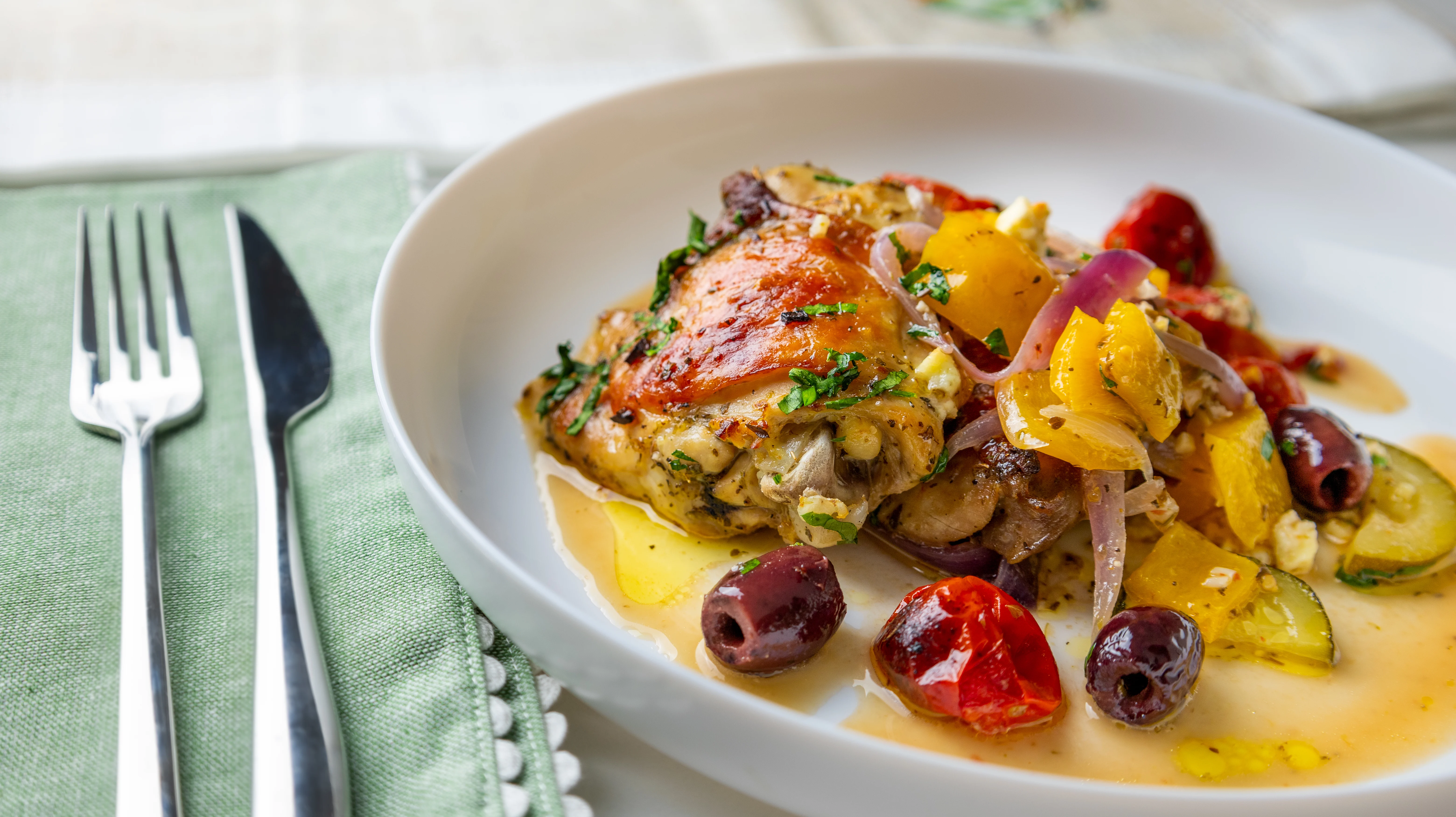 Sheet-Pan Greek Chicken Thighs | Holy Recipe