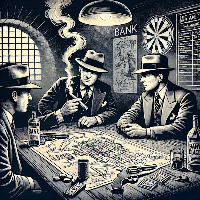 A noir graphic novel style scene in a smoky underground hideout