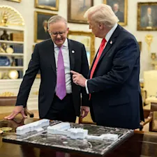 2025 Donald Trump shows the ball room model during East Wing demolition on 20 October with Australian Prime Minister Anthony Albanese at the White House