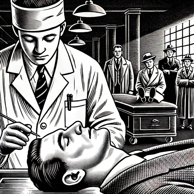 A noir graphic novel style scene in a sterile morgue