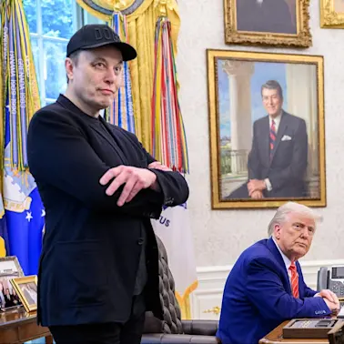 President Trump participates in a press conference with departing DOGE adviser Elon Musk (cropped)