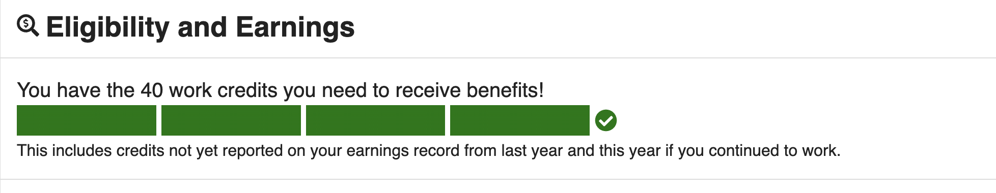 What the work-credit tracker in someone's mySocialSecurity account will show if they have earned the necessary 40 credits.