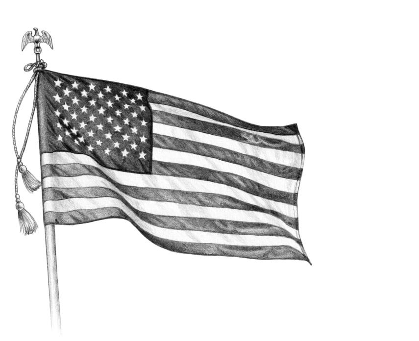 A monochromatic illustration of the United States flag