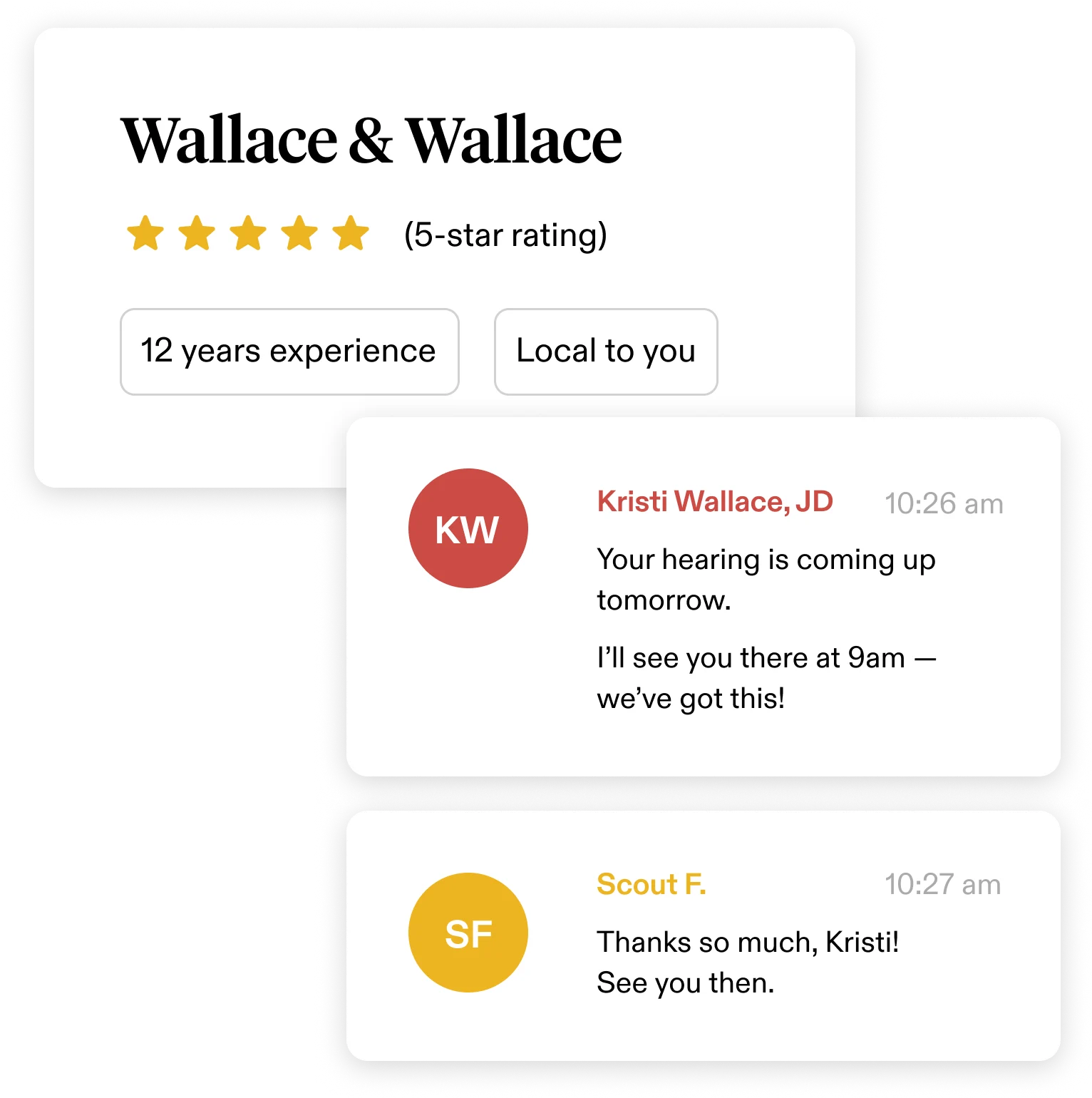 Example rating of a law firm named Wallace & Wallace with example chat messages.