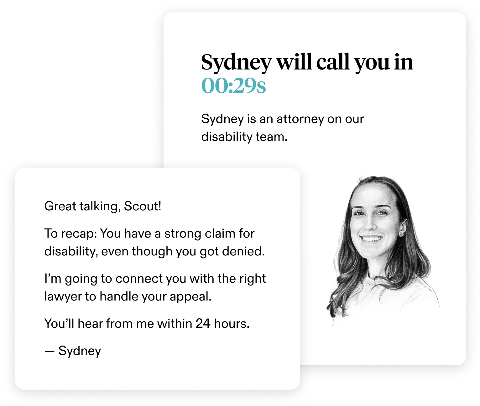 An image of an upcoming phone call plus a summary of the conversion helping you connect with a lawyer.