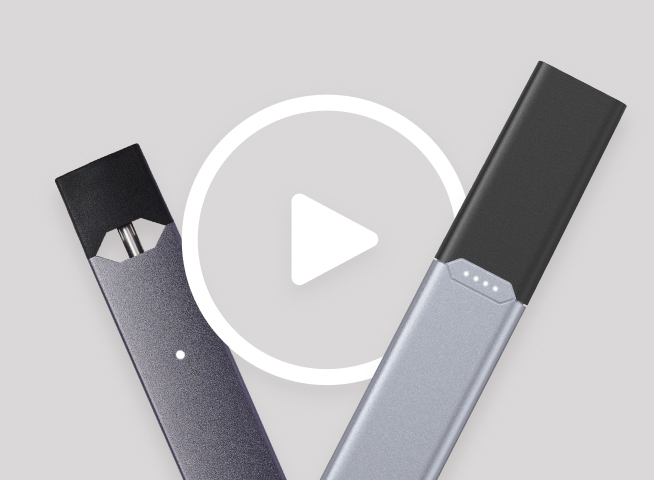 JUUL Device and JUUL2 Device shown with a play button