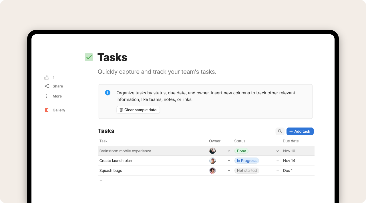 Screenshot of Coda’s task template