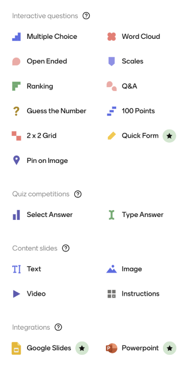Question selector within quiz creation feature in Mentimeter