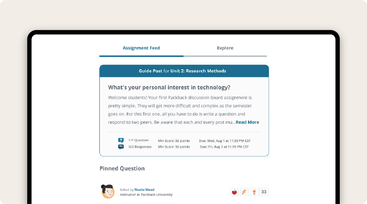Screenshot of Packback’s assignment feed tab
