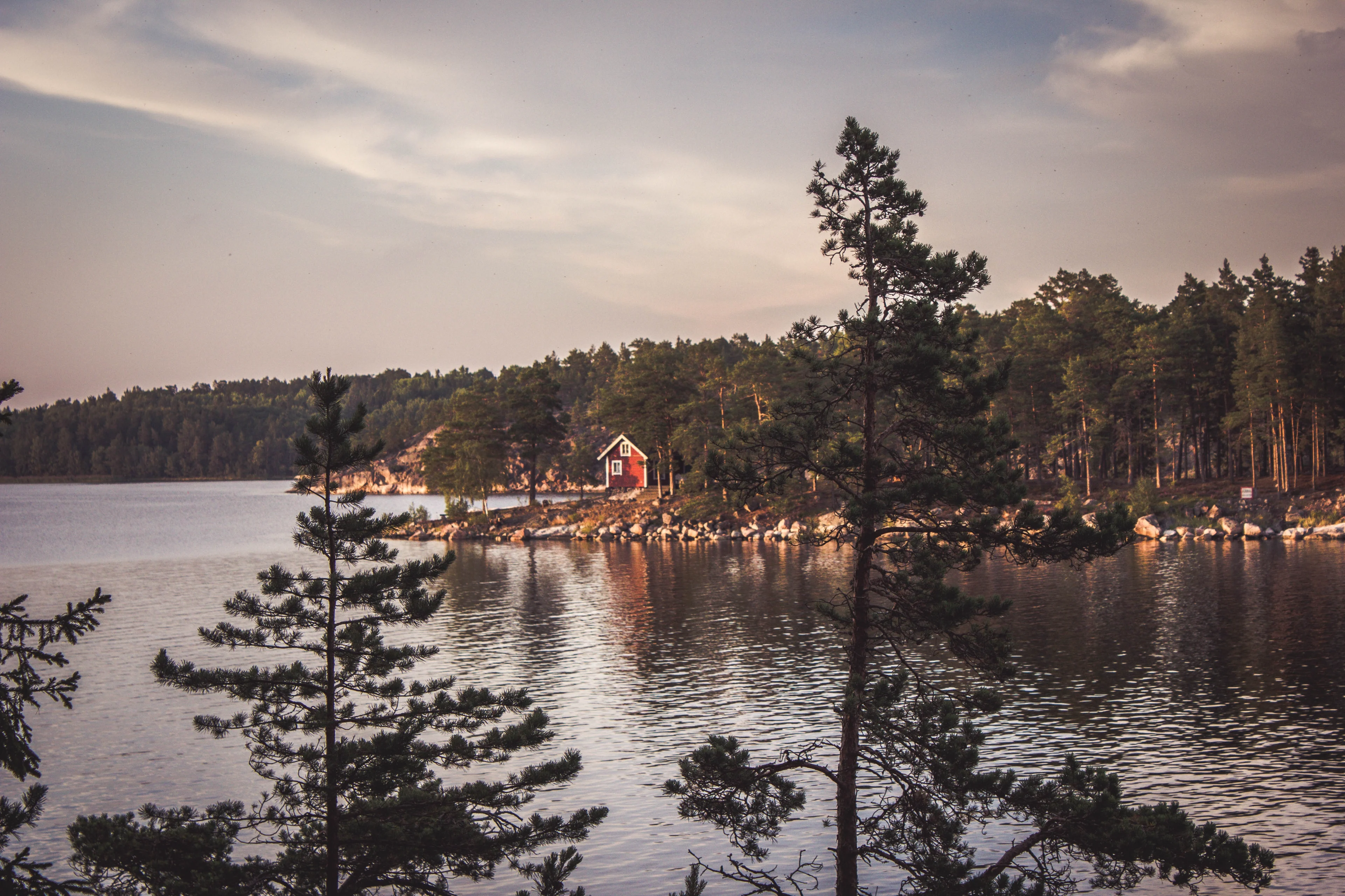 Red cottage by a lake in the woods