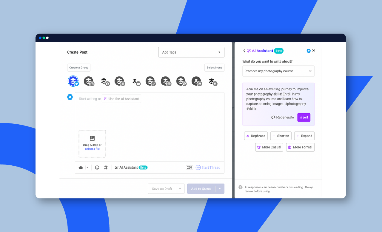 Buffer's AI assistant helping a user create a social media post