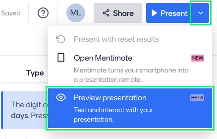 how to reset presentation in mentimeter