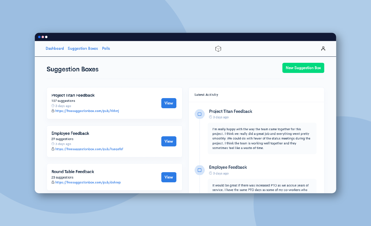 Screenshot of the Free Suggestion Box dashboard. 