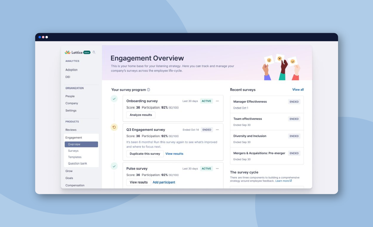 Screenshot of an engagement overview on the Lattice employee feedback tool. 