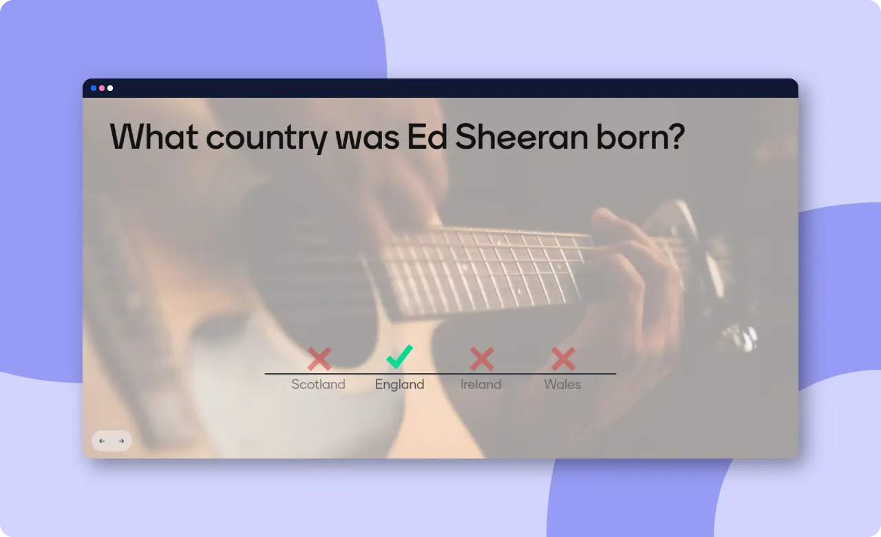 Slide from the customizable music quiz template from Mentimeter. 