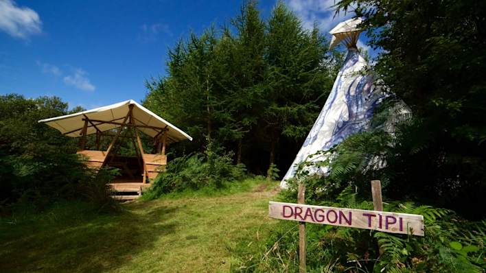 The Dragon Tipi hidden amongst the trees of a wildlife-rich woodland campsite in the beautiful Pembrokeshire Coast National Park. Image owned by Glampingly.co.uk.