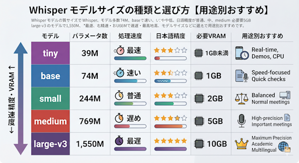 5モデルの比較表（パラメータ数・処理速度・精度・必要VRAM）