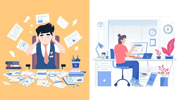 課題を抱えるオフィスワーカーのイラストと、チャットボット導入後の改善イメージを対比した図