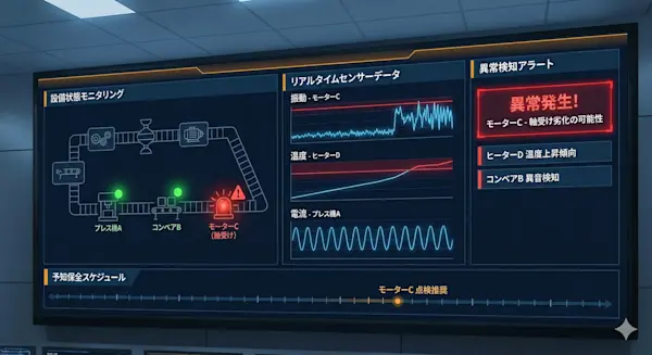 Gemini Generated Image 異常検知AIのダッシュボード画面イメージ(各種センサーデータと異常アラート表示)