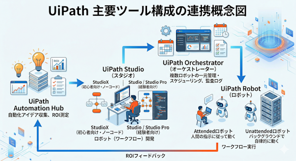 UiPathの4ツール連携の概念図（Studio→Robot→Orchestratorの流れ）