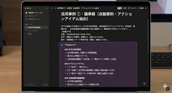 議事録メモからアクションアイテムが抽出された出力画面