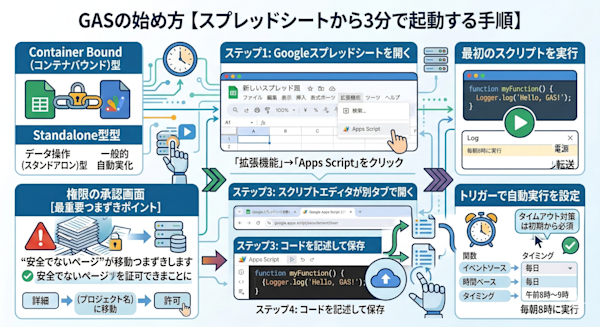 GASエディタ起動の4ステップをスクリーンショットで示した画像（ステップ番号付き）