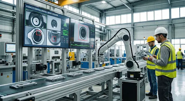 Gemini Generated Image 製造現場でAIが品質検査を行っている様子のイメージ図