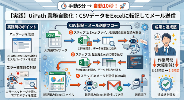 CSVからExcel転記・メール送信までの処理フロー図（矢印付き）