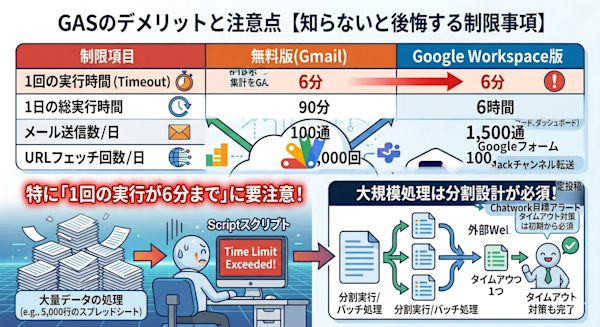 GASのクォータ制限一覧表（無料版・Google Workspace版の比較）