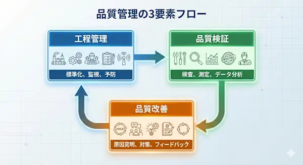 Gemini Generated Image 品質管理の3要素(工程管理・品質検証・品質改善)を示すフロー図
