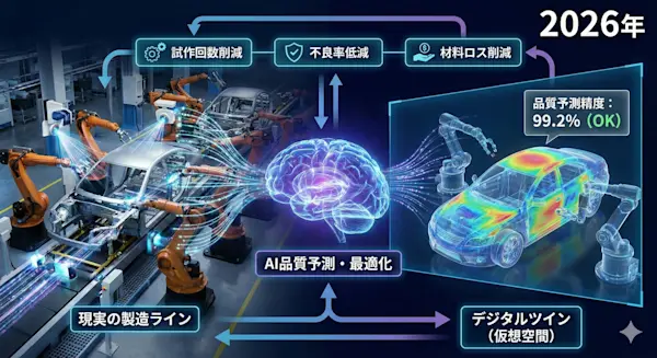 Gemini Generated Image デジタルツインによる仮想品質検証のイメージ図