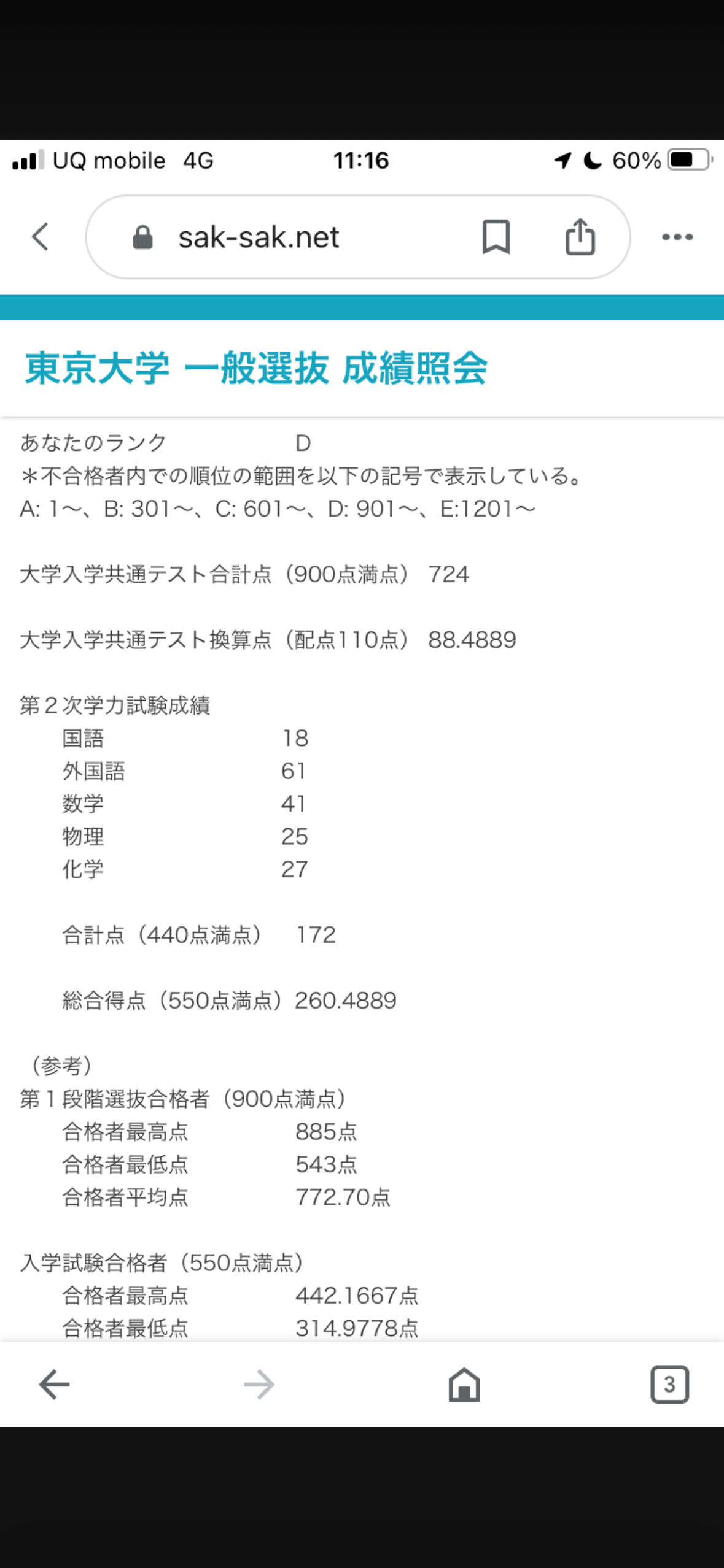 E.T 現役時の東大二次・得点開示(不合格)