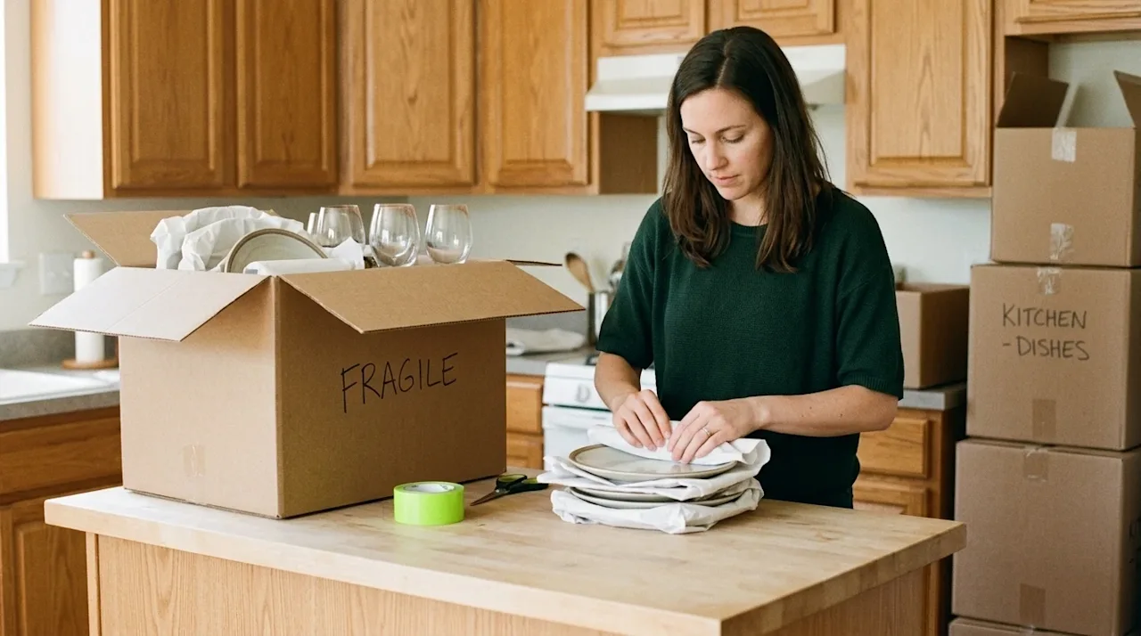 Candid lifestyle photography of a focused person carefully wrapping fragile ceramic plates and wine glasses in white packing
