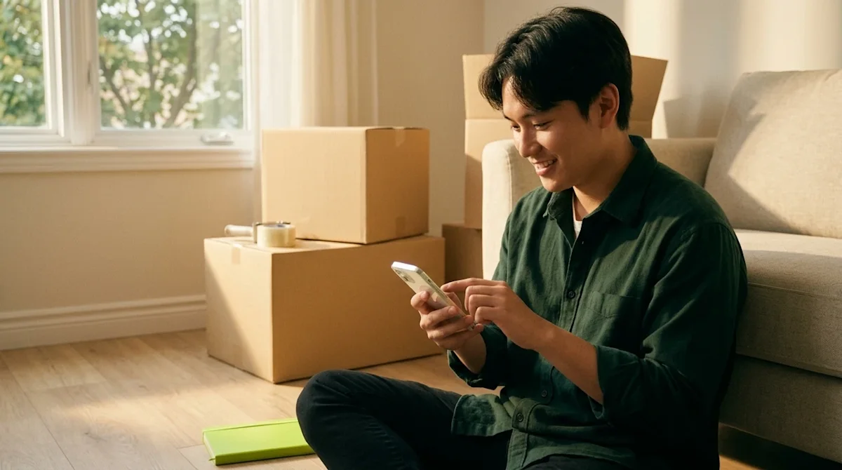 Lifestyle photography with a warm, slightly nostalgic 35mm film aesthetic. A young adult sits comfortably on a light wood flo