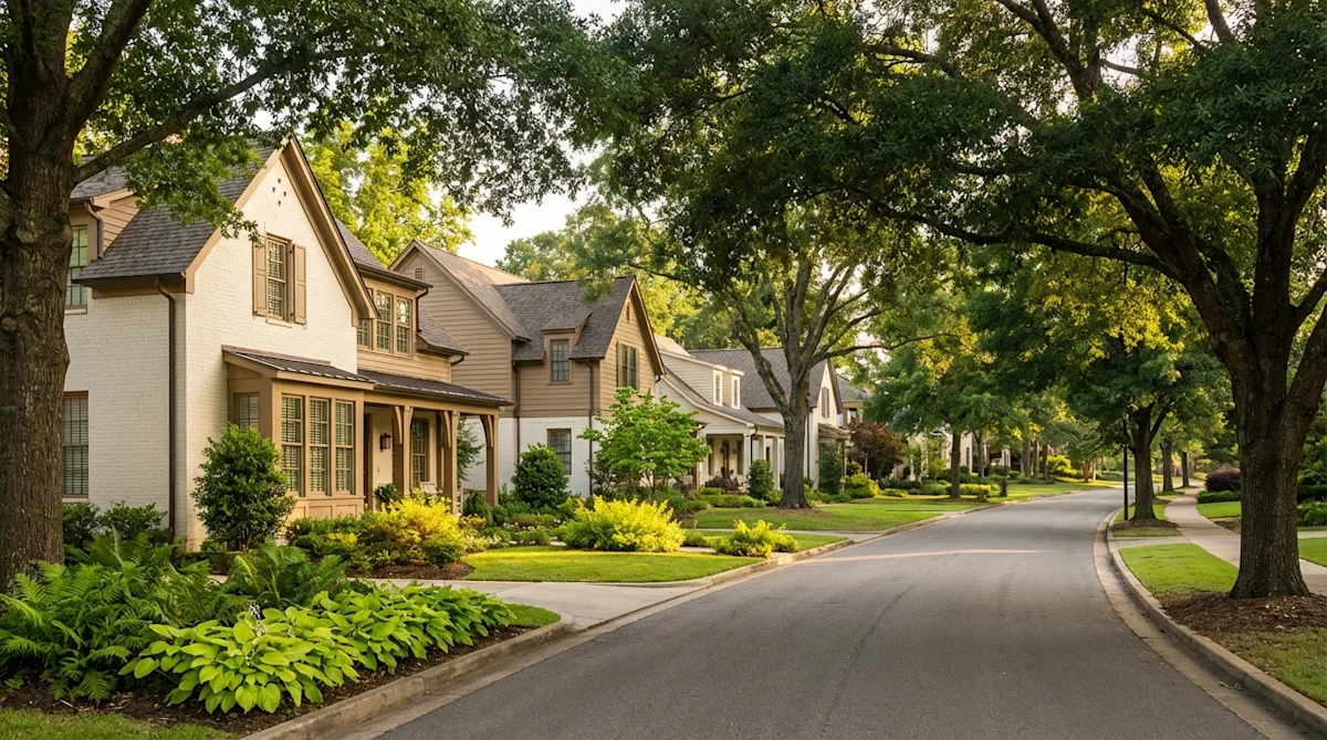 Charming Southern-style homes on a picturesque residential street in Birmingham, Alabama, with lush oak trees.