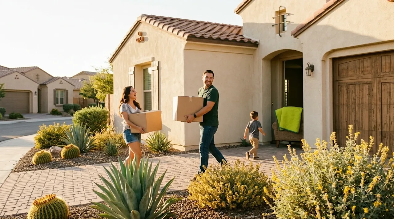 Candid lifestyle photography of a happy family moving into a Southwestern-style stucco home in Phoenix, Arizona on a sunny da