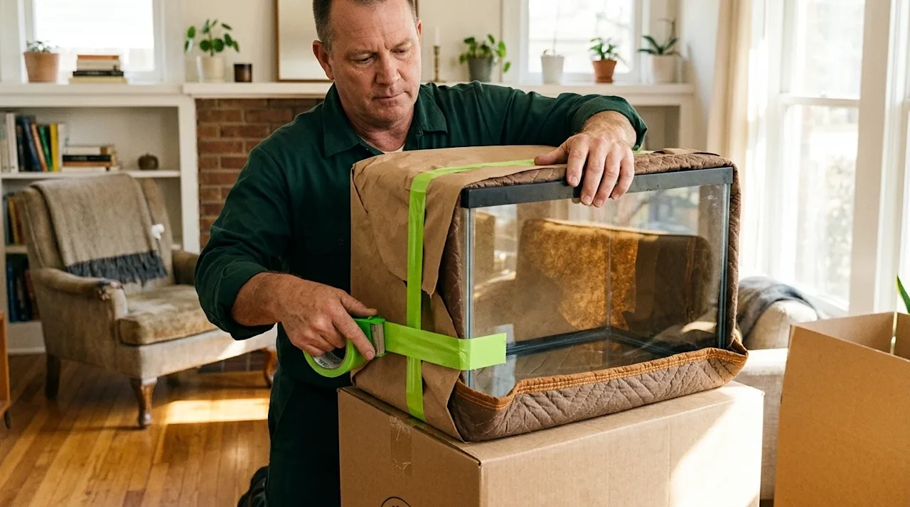Candid lifestyle photography of a professional mover safely packing an empty glass fish tank for relocation. The mover is wea