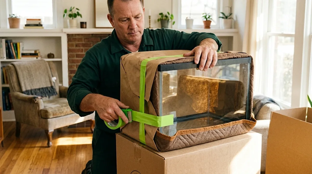 Candid lifestyle photography of a professional mover safely packing an empty glass fish tank for relocation. The mover is wea