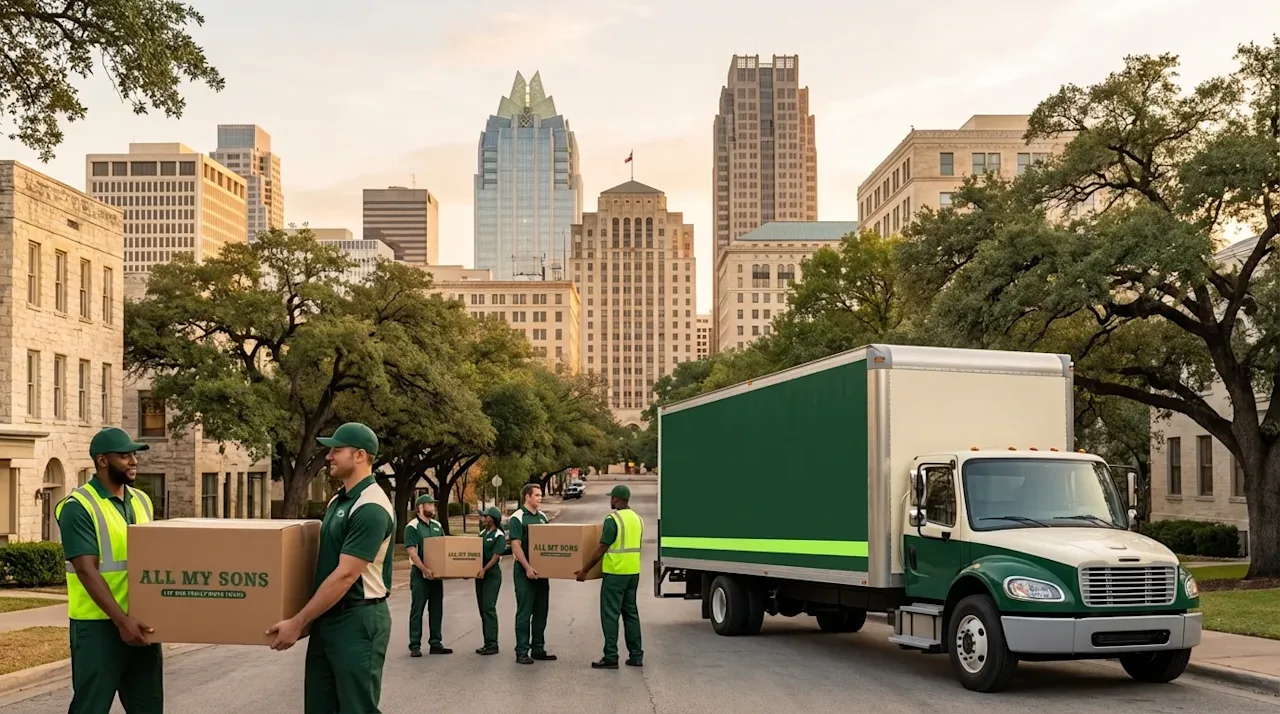 All My Sons professional movers carrying boxes near a green moving truck in a scenic Austin Texas neighborhood.
